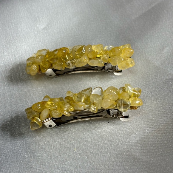 Hand crafted set 2 in. Barrettes w/individually wrapped citrine stone chips - Picture 1 of 5